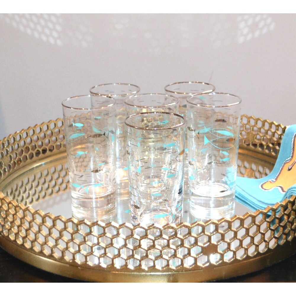 Coastal Mid Century Atomic Stylized Fish Mediterranean Eight Glasses 1950s
